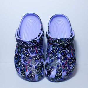 Womens Crocs Classic Clog Shoe Purple Butterfly Print Size 7